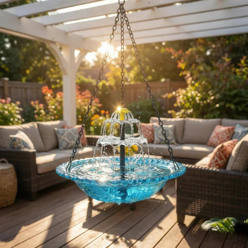 Hangende Vogelbadwaterfontein op Zonne-energie Tweeniveaus Glas Metaal voor Tuin Terras Balkon
