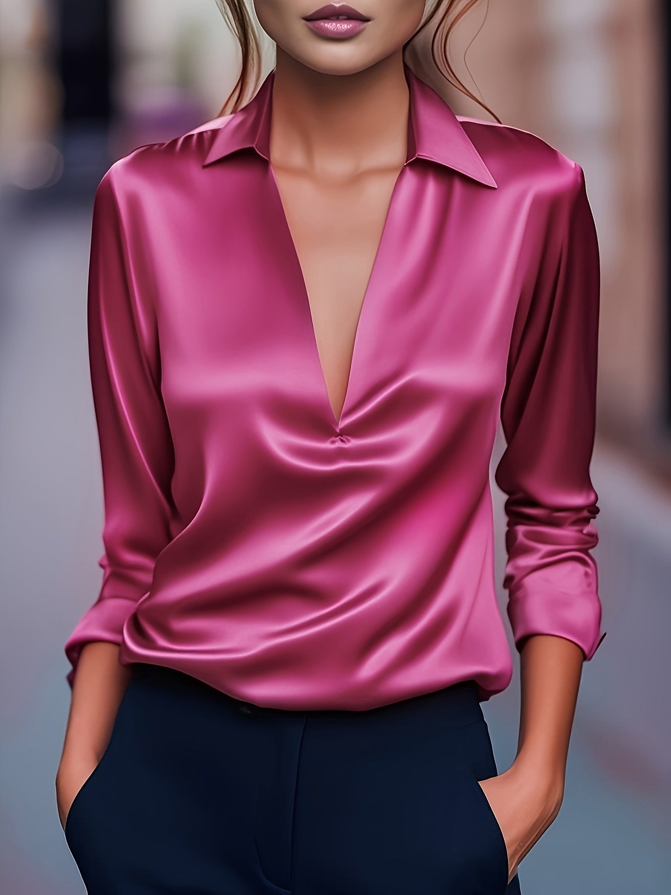 Dames Blouse Satijn Look V-hals Havanna Stijlvol