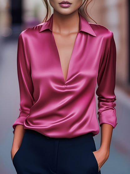 Dames Blouse Satijn Look V-hals Havanna Stijlvol