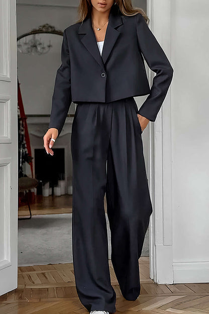 Dames Blazer Set Wijd met Broek Modern Zwart Costume