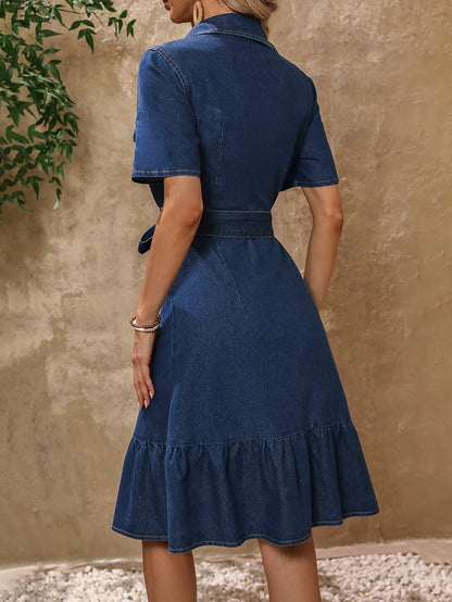 Blauwe Jeans Jurk voor Vrouw met Riem en Korte Mouw