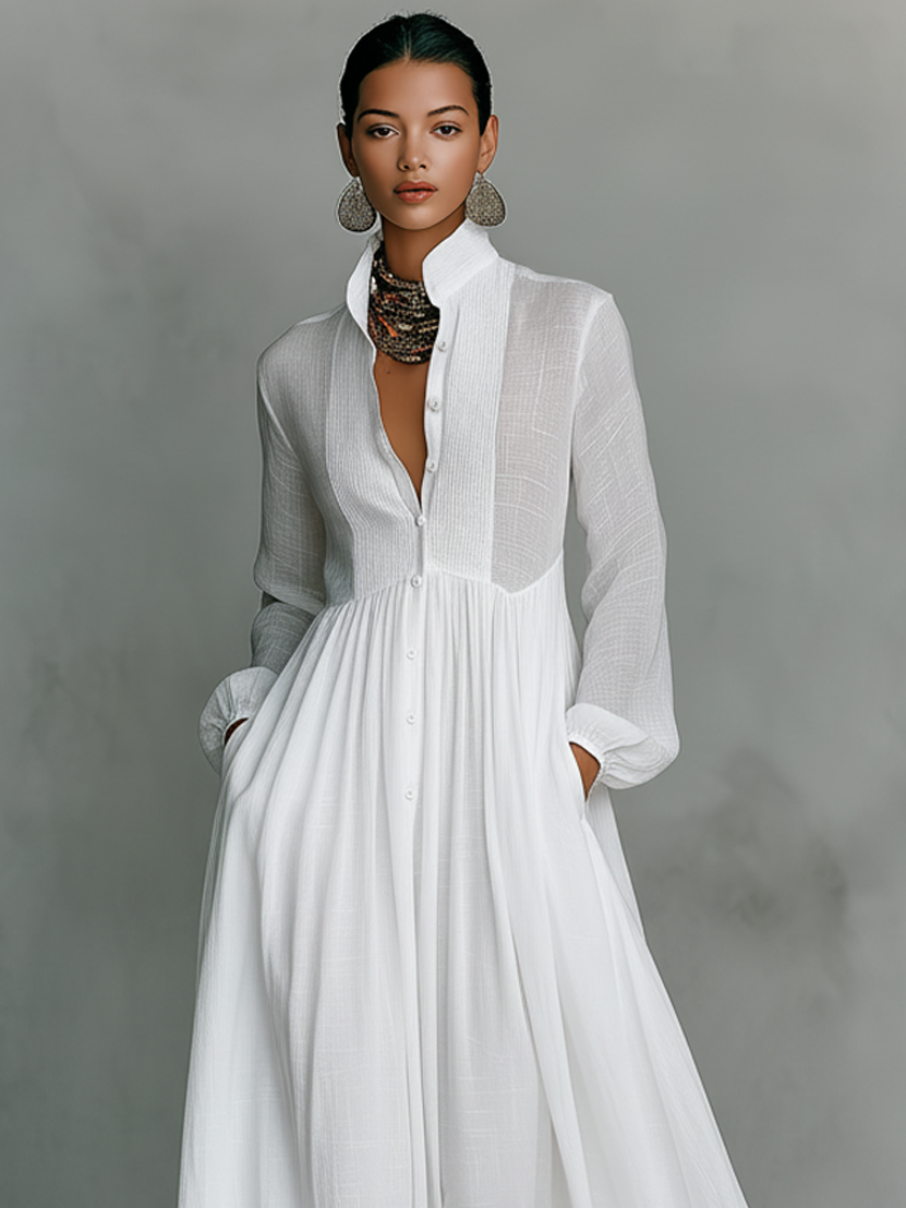 Dames maxi-jurk linnen patchwork staande kraag