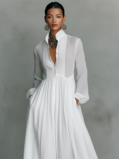 Dames maxi-jurk linnen patchwork staande kraag