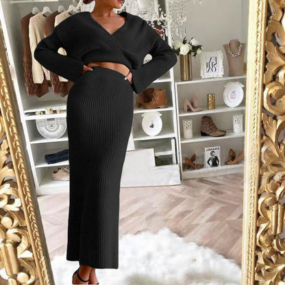 Dames Gebreide Set Maxi Rok en Trui met V-Hals