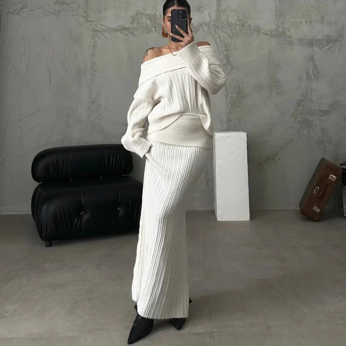 Elegante Trui en Rok Set Gebreid Off Shoulder Dame
