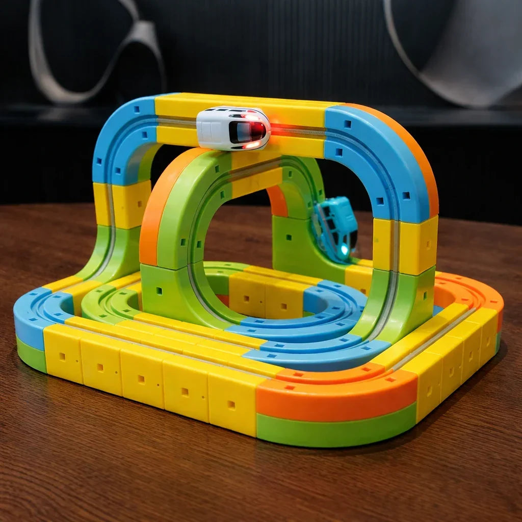 3D Modulair Gemotoriseerd Treinbaanset voor Kinderen – Creatief Bouwspeelgoed met Verticale Lussen en Actie