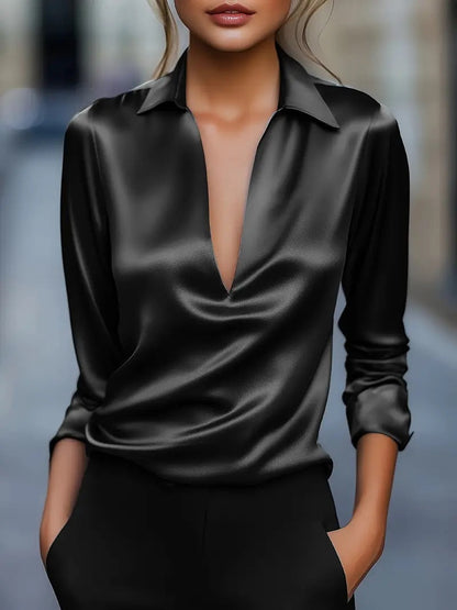 Dames Blouse Satijn Look V-hals Havanna Stijlvol