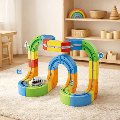 3D Modulair Gemotoriseerd Treinbaanset voor Kinderen – Creatief Bouwspeelgoed met Verticale Lussen en Actie