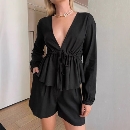 Dames Zomerset: Luchtige 2-Delige Set met V-Hals Top en Korte Broek