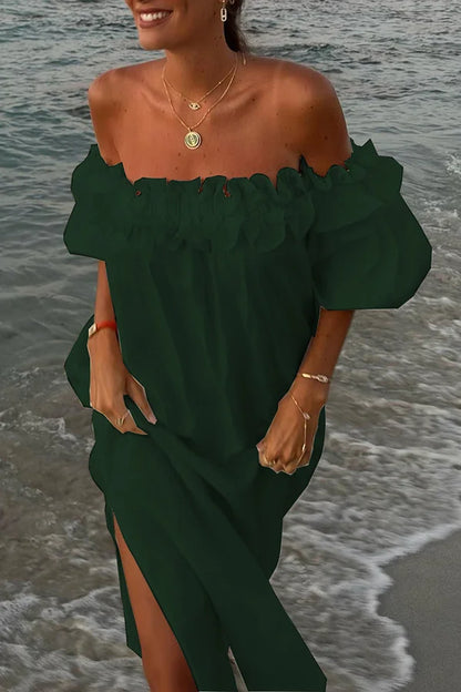 Vrouwelijke Off-the-shoulder Jurk met Ruches en Pofmouwen
