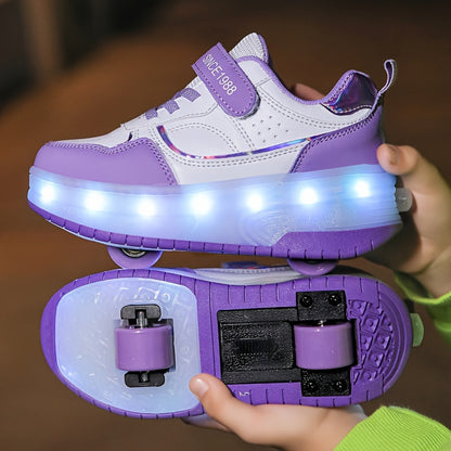 LED Roller Sneakers Kinderen USB Oplaadbaar Paars Met Wieltjes Lichtschoenen Verwijderbare Wielen Sneakers Voor Binnen Buiten