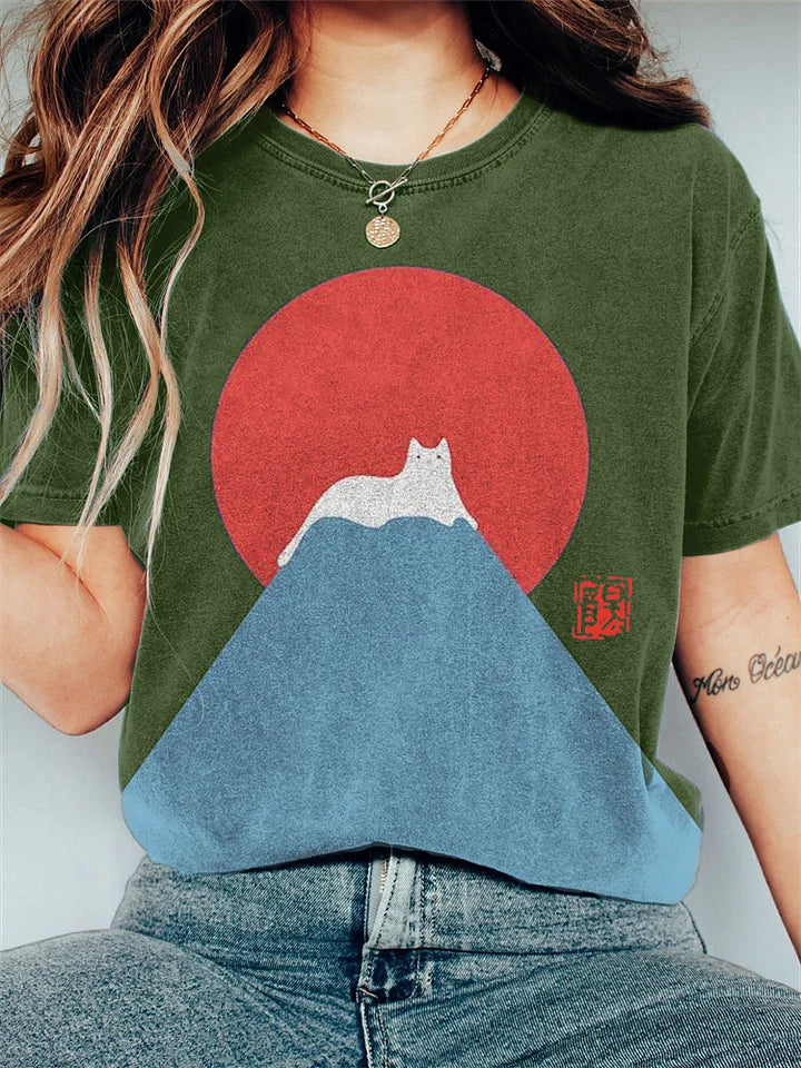 Katoenen T-shirt met Kat en Berg Grafische Print