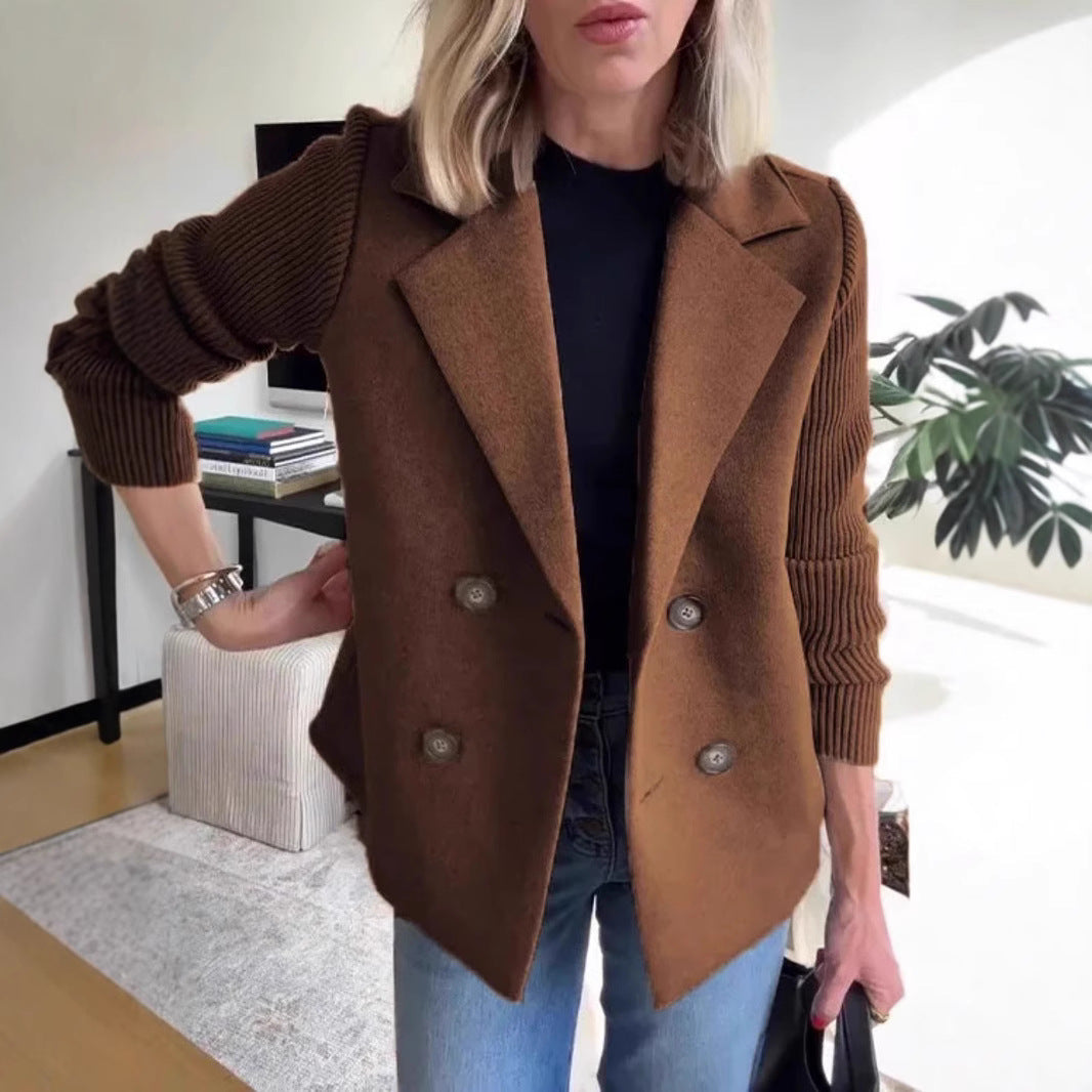 Dames Blazer Wollen Look Gebreide Mouwen Dubbele Knoopsluiting