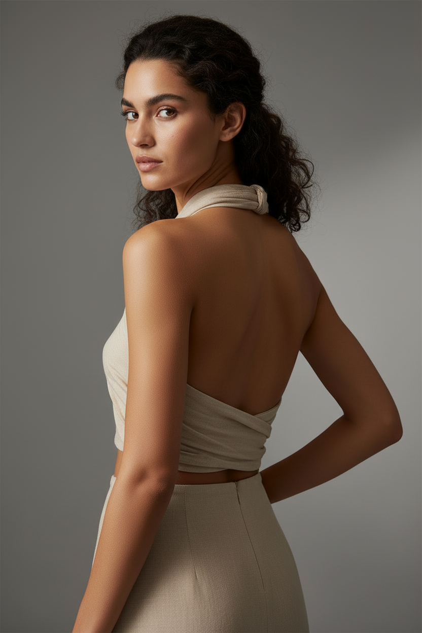 Beige halter crop top back view