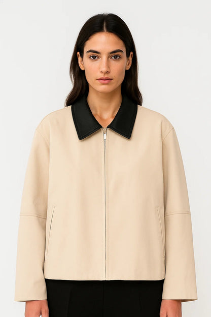 Dames Bikerjas Oversized Contrasterende Kraag Casual Stijl - StudioMarella