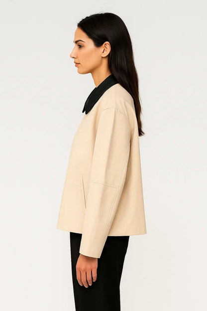 Dames Bikerjas Oversized Contrasterende Kraag Casual Stijl