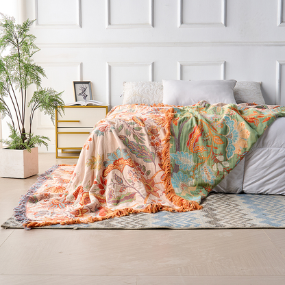 Katoenen Plaid met Boho Bloemenmotief – Oranje en Blauw op Crèmekleurige Ondergrond met Franjes – Decoratieve Sprei voor Bank en Bed