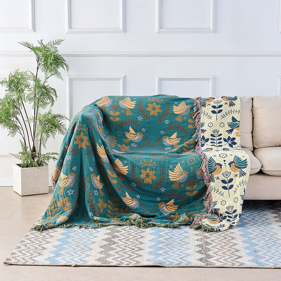 Wendbare Katoenen Plaid met Vogels en Bloemen – Botanisch Scandinavisch Design voor Bank en Bed