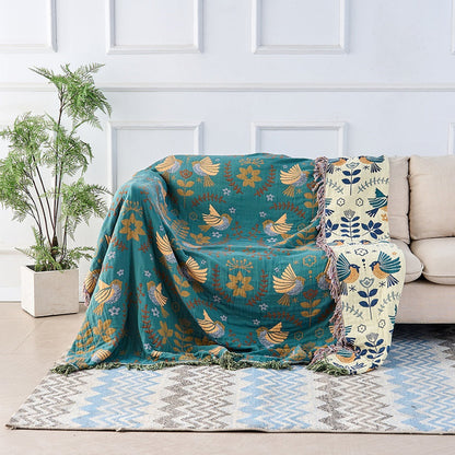 Wendbare Katoenen Plaid met Vogels en Bloemen – Botanisch Scandinavisch Design voor Bank en Bed