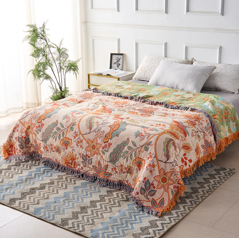 Katoenen Plaid met Boho Bloemenmotief – Oranje en Blauw op Crèmekleurige Ondergrond met Franjes – Decoratieve Sprei voor Bank en Bed