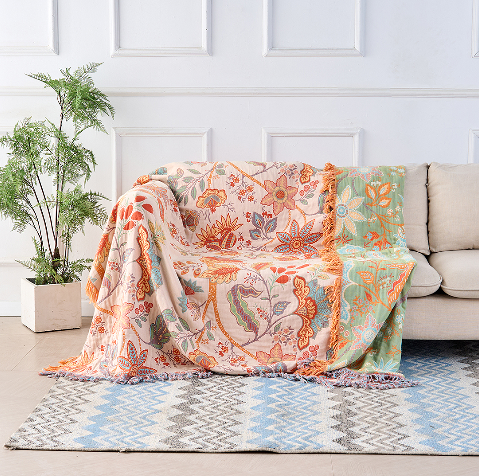Katoenen Plaid met Boho Bloemenmotief – Oranje en Blauw op Crèmekleurige Ondergrond met Franjes – Decoratieve Sprei voor Bank en Bed