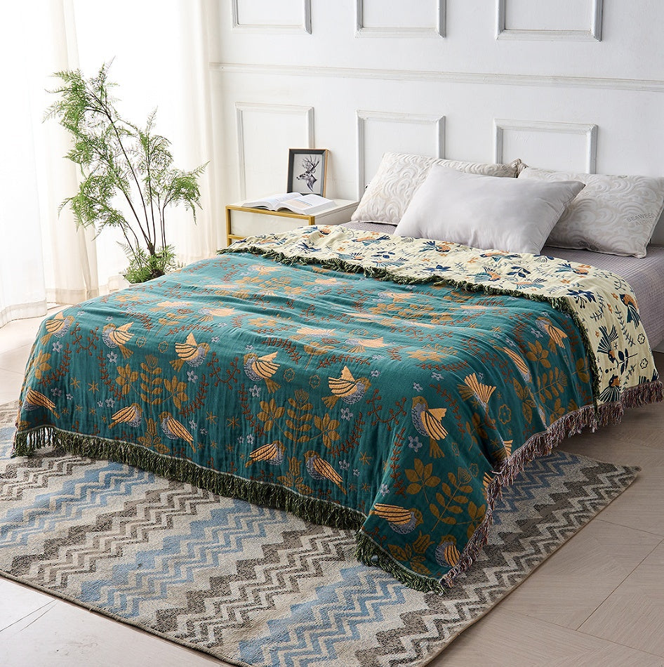 Wendbare Katoenen Plaid met Vogels en Bloemen – Botanisch Scandinavisch Design voor Bank en Bed