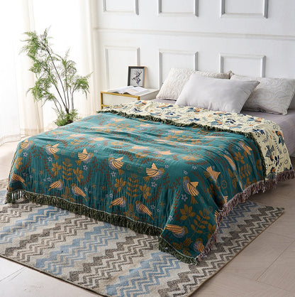 Wendbare Katoenen Plaid met Vogels en Bloemen – Botanisch Scandinavisch Design voor Bank en Bed