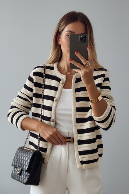 Black and white striped cardigan premium front view