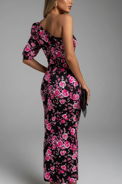 Black one-shoulder maxi dress with pink floral print back angle