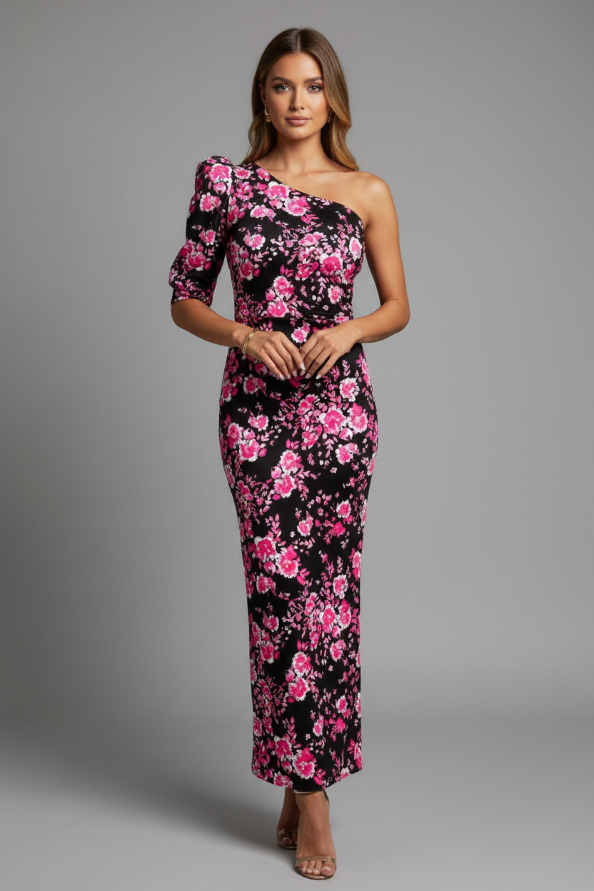 Black one-shoulder maxi dress with pink floral print different model