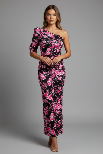 Black one-shoulder maxi dress with pink floral print different model