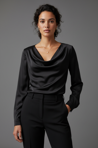 Vrouwelijke Satijn Blouse met Watervalhals - StudioMarella