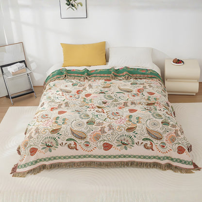 Omkeerbare Bohemien Plaid met Herfstbladeren en Kwastjes – Zachte Katoenen Gauze Deken voor Bank en Bed