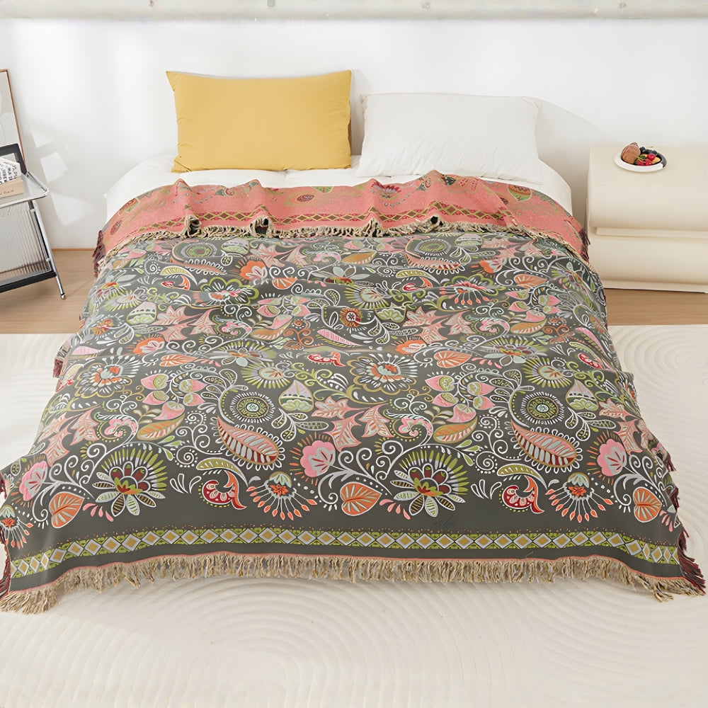 Omkeerbare Bohemien Plaid met Herfstbladeren en Kwastjes – Zachte Katoenen Gauze Deken voor Bank en Bed