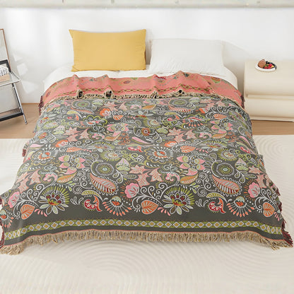 Omkeerbare Bohemien Plaid met Herfstbladeren en Kwastjes – Zachte Katoenen Gauze Deken voor Bank en Bed