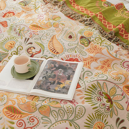 Omkeerbare Bohemien Plaid met Herfstbladeren en Kwastjes – Zachte Katoenen Gauze Deken voor Bank en Bed