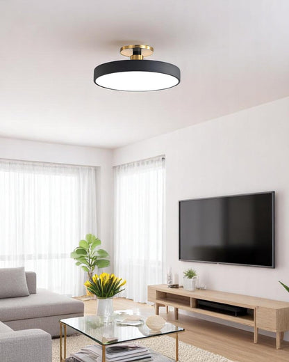 Moderne ronde plafondlamp met goud detail en acryl diffuser – minimalistische semi flush design verlichting voor woonkamer en slaapkamer