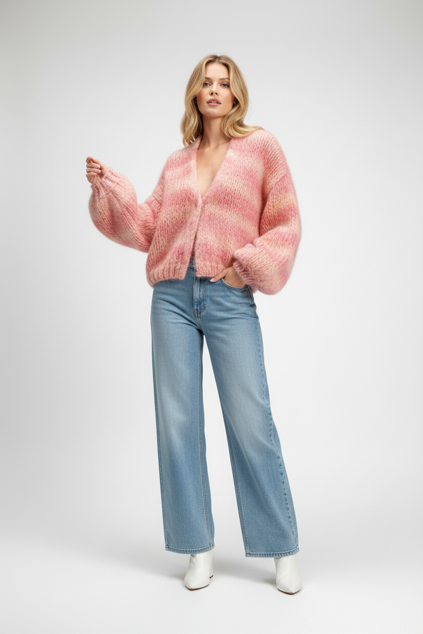 Blond model – Pink Cardigan – Grijze achtergrond – Pose 2