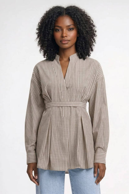Blouse Dames - Gestreept met Ceintuur | Getailleerde V-hals - Gestreept Taupe