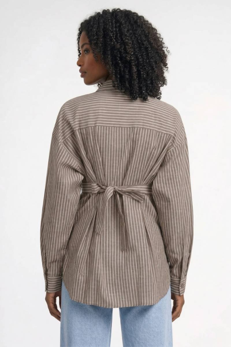 Blouse Dames - Gestreept met Ceintuur | Getailleerde V-hals - Gestreept Taupe