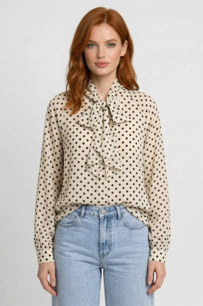 Blouse Dames - Strikceintuur met Stippenprint | Vintage Chic - Polkadot Crème