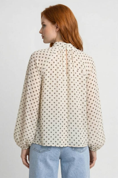 Blouse Dames - Strikceintuur met Stippenprint | Vintage Chic - Polkadot Crème