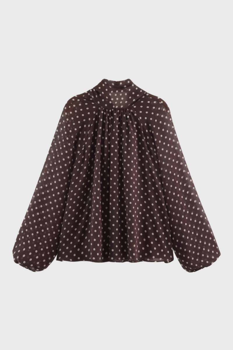 Blouse Dames - Strikceintuur met Stippenprint | Vintage Chic - Polkadot Chocolade