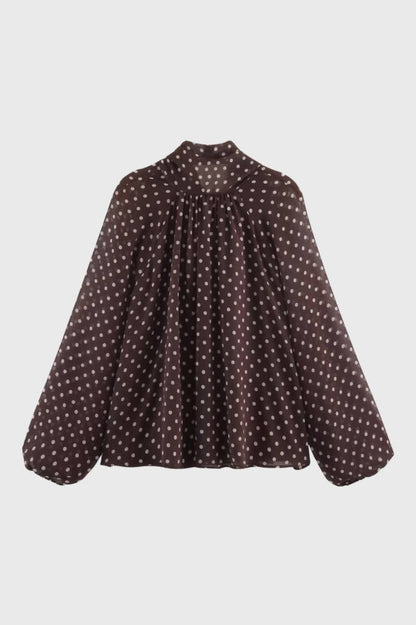 Blouse Dames - Strikceintuur met Stippenprint | Vintage Chic - Polkadot Chocolade
