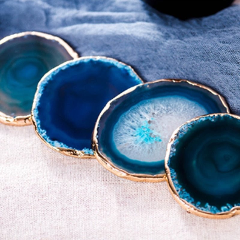 Agaat Onderzetters Blauw 2-Delige Set Natuursteen Goudkleurige Rand Unieke Snede