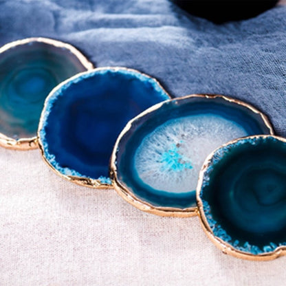 Agaat Onderzetters Blauw 2-Delige Set Natuursteen Goudkleurige Rand Unieke Snede