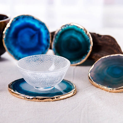 Agaat Onderzetters Blauw 2-Delige Set Natuursteen Goudkleurige Rand Unieke Snede