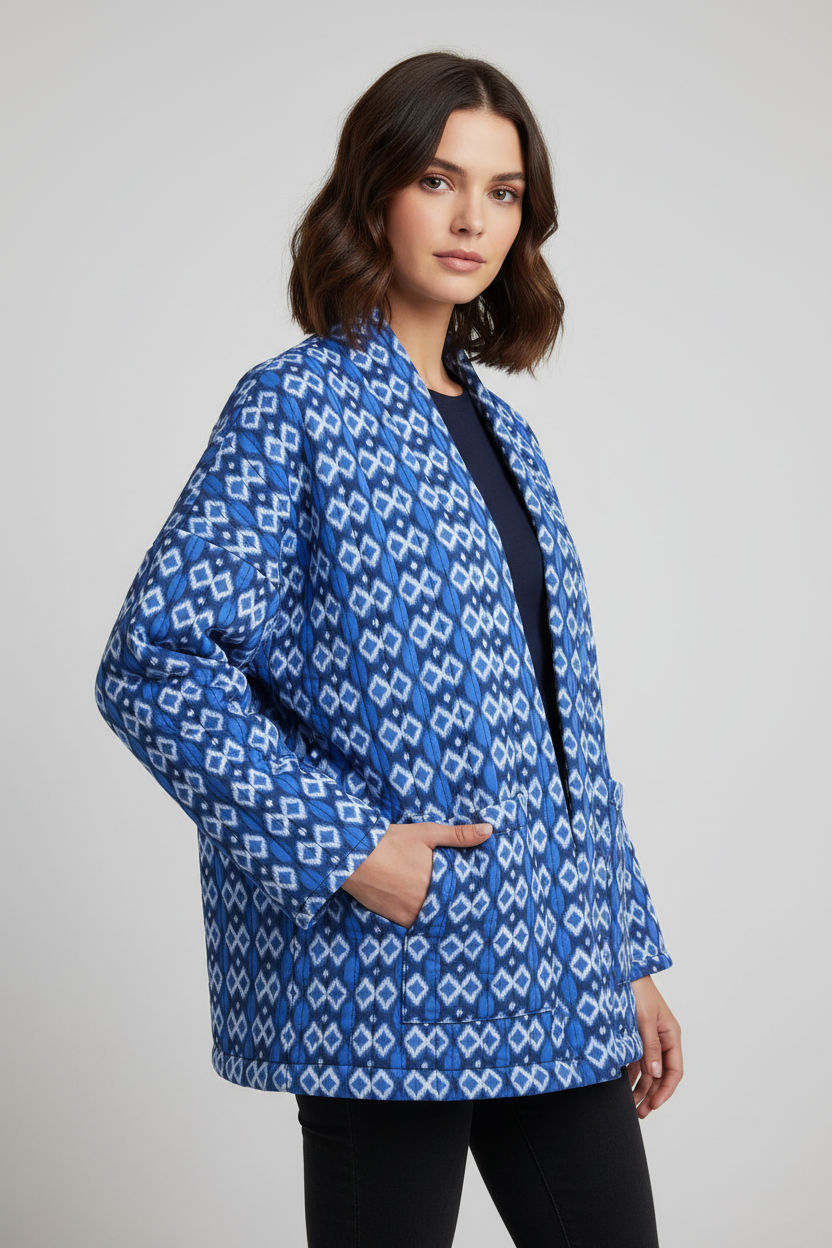 Blue geometric pattern jacket side angle