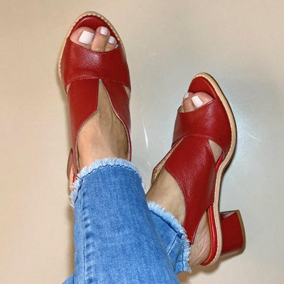 Dames Sandalen met Blokhak Open Teen Elegant Comfortabel Leer Bordeauxrood Zomerschoenen