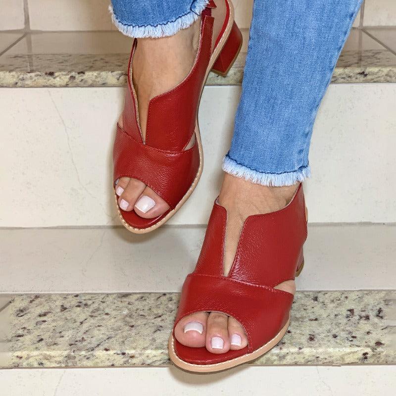 Dames Sandalen met Blokhak Open Teen Elegant Comfortabel Leer Bordeauxrood Zomerschoenen